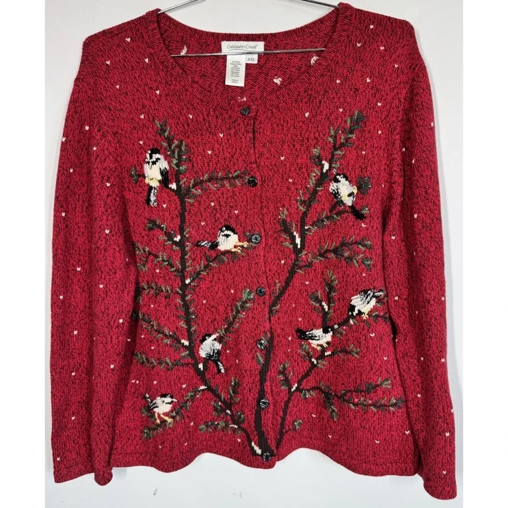 Coldwater Creek Button Up Embroidered Christmas Bird Sweater Women's XXL Holiday